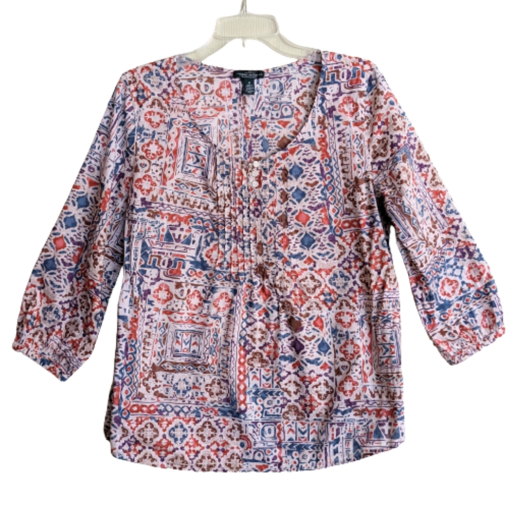 Lauren Ralph Lauren Blouse Brown Blue Multicolor Geometric Print Size Medium
